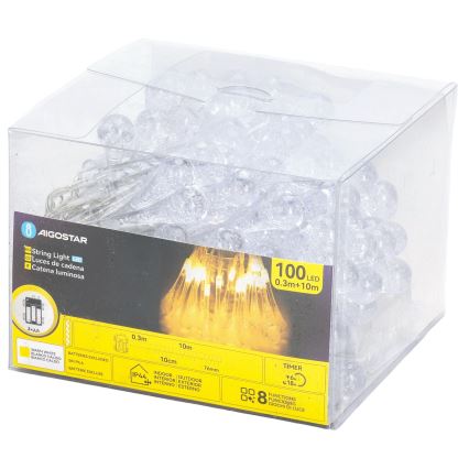 Aigostar - Guirlande LED d'extérieur pour Noël, 100 LED / 8 fonctions, 3xAA, 10 m, IP44, blanc chaud, ampoules en forme de goutte