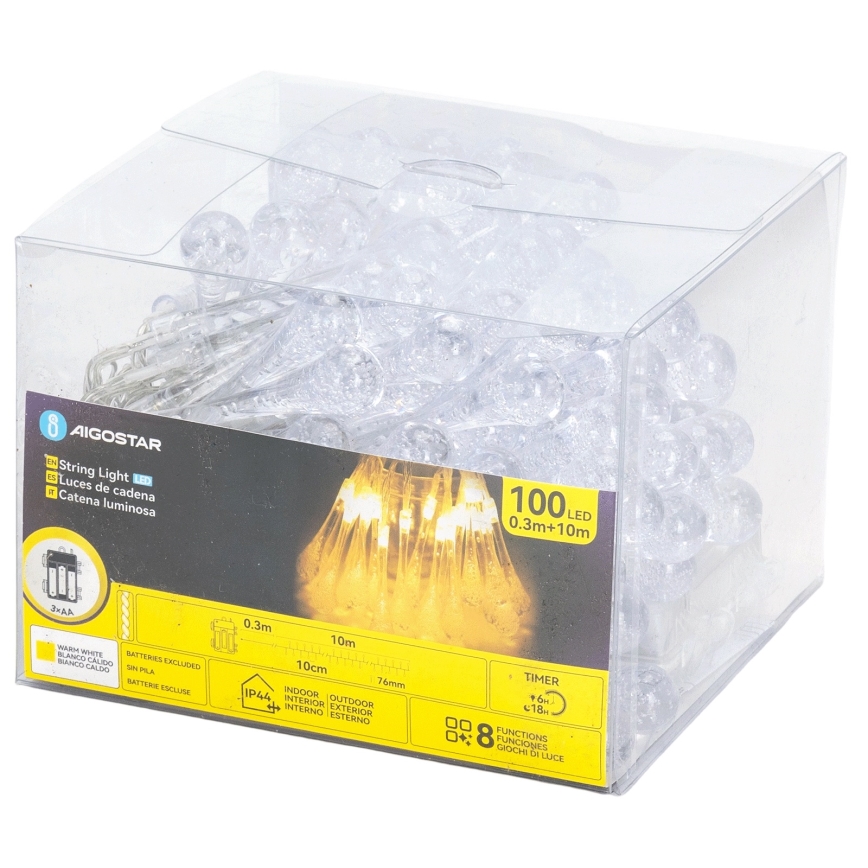 Aigostar - Guirlande LED d'extérieur pour Noël, 100 LED / 8 fonctions, 3xAA, 10 m, IP44, blanc chaud, ampoules en forme de goutte