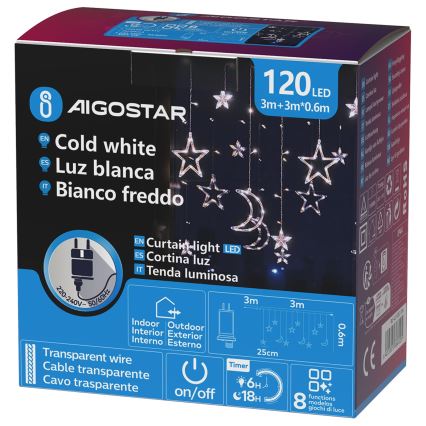Aigostar - Guirlande de Noël LED d'extérieur 120xLED/6W/230V/8 fonctions 3x0,6m IP44 blanc froid + télécommande