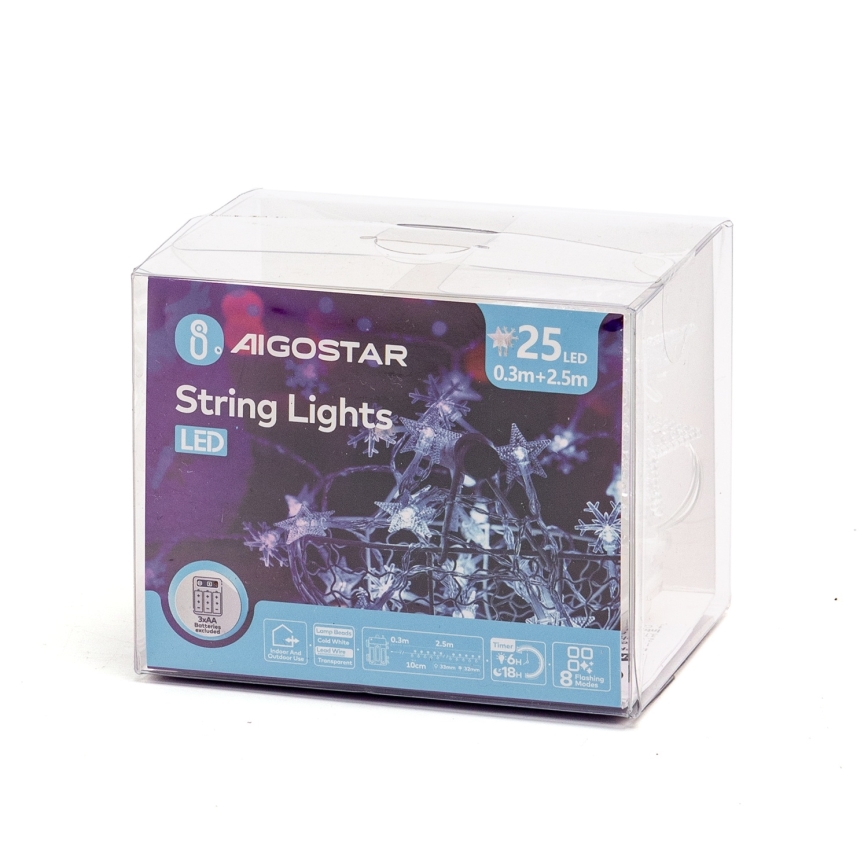 Aigostar - Guirlande lumineuse LED d'extérieur 25xLED/8 fonctions 3xAA 2,5 m IP44 blanc froid