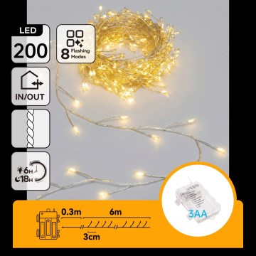 Aigostar - Guirlande LED de Noël pour l'extérieur 200 LED / 8 fonctions, 3 piles AA, 6,3 m, IP44, blanc chaud