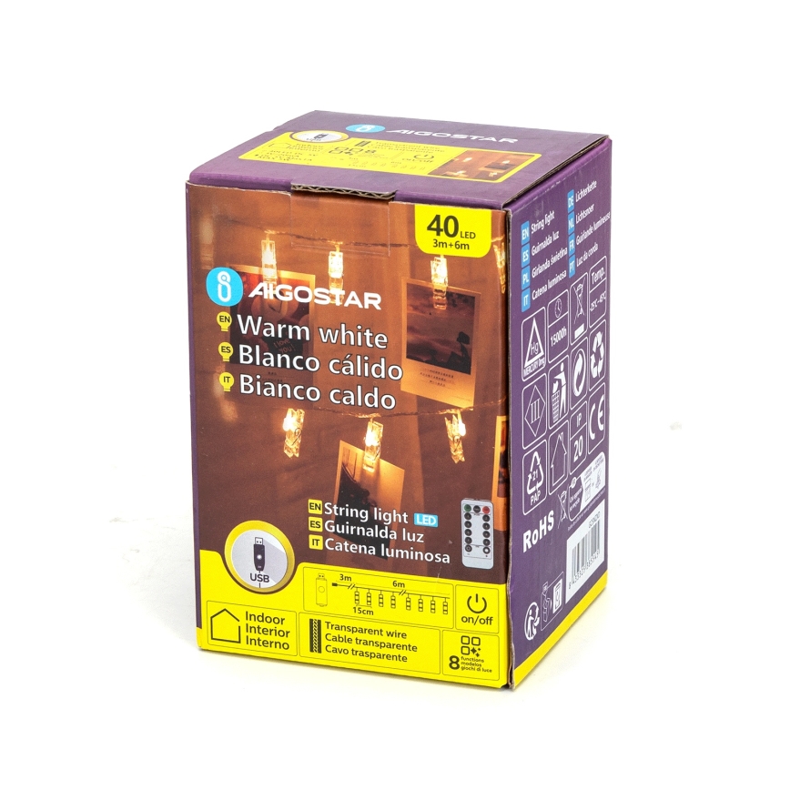 Aigostar - Guirlande LED décorative 40xLED/5W/USB 9 m blanc chaud