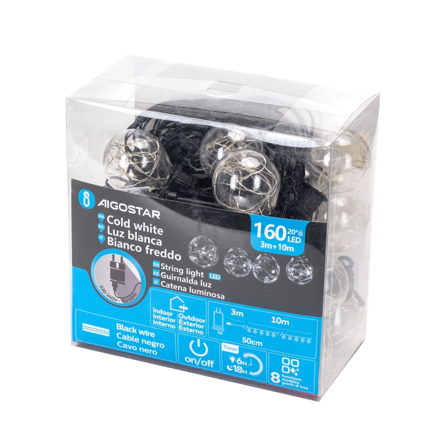Aigostar - Guirlande lumineuse décorative d'extérieur 160 LED 10 m IP44 blanc froid
