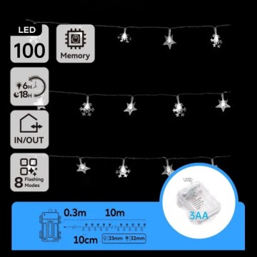 Aigostar - Guirlande LED d'extérieur 100 LED/8 fonctions 3xAA 10 m IP44 blanc froid