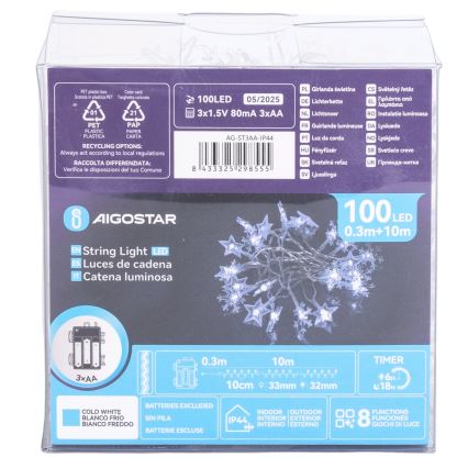 Aigostar - Guirlande LED d'extérieur 100 LED/8 fonctions 3xAA 10 m IP44 blanc froid