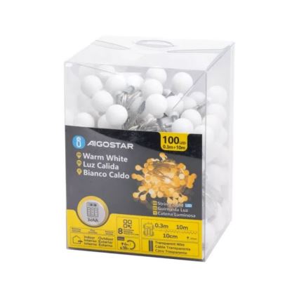 Aigostar - Guirlande lumineuse LED d'extérieur pour Noël 100xLED/3xAA/8 fonctions 10,3 m IP44 blanc chaud