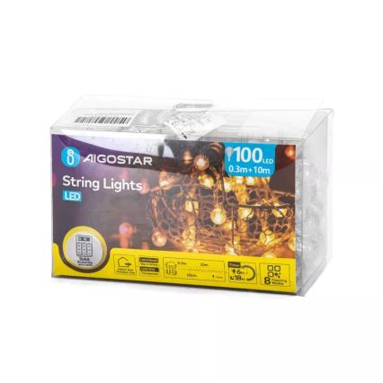 Aigostar - Guirlande de Noël LED d'extérieur 100xLED/3xAA/8 fonctions 10,3 m IP44 blanc chaud