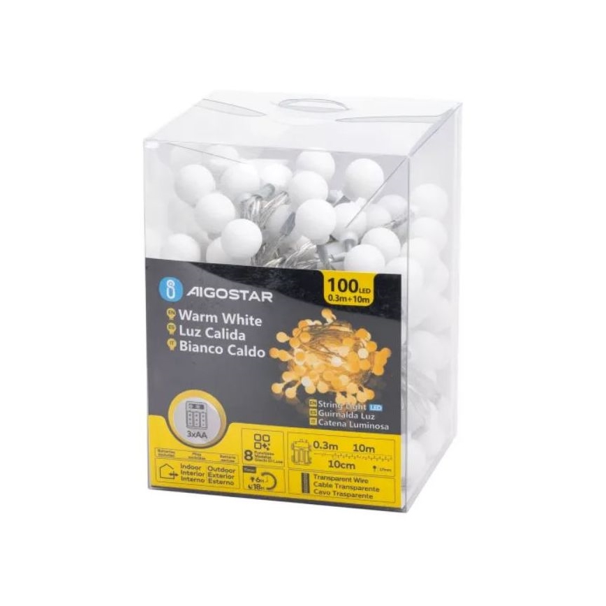 Aigostar - Guirlande lumineuse LED extérieure 100xLED/3xAA/8 fonctions 10,3 m IP44 blanc chaud
