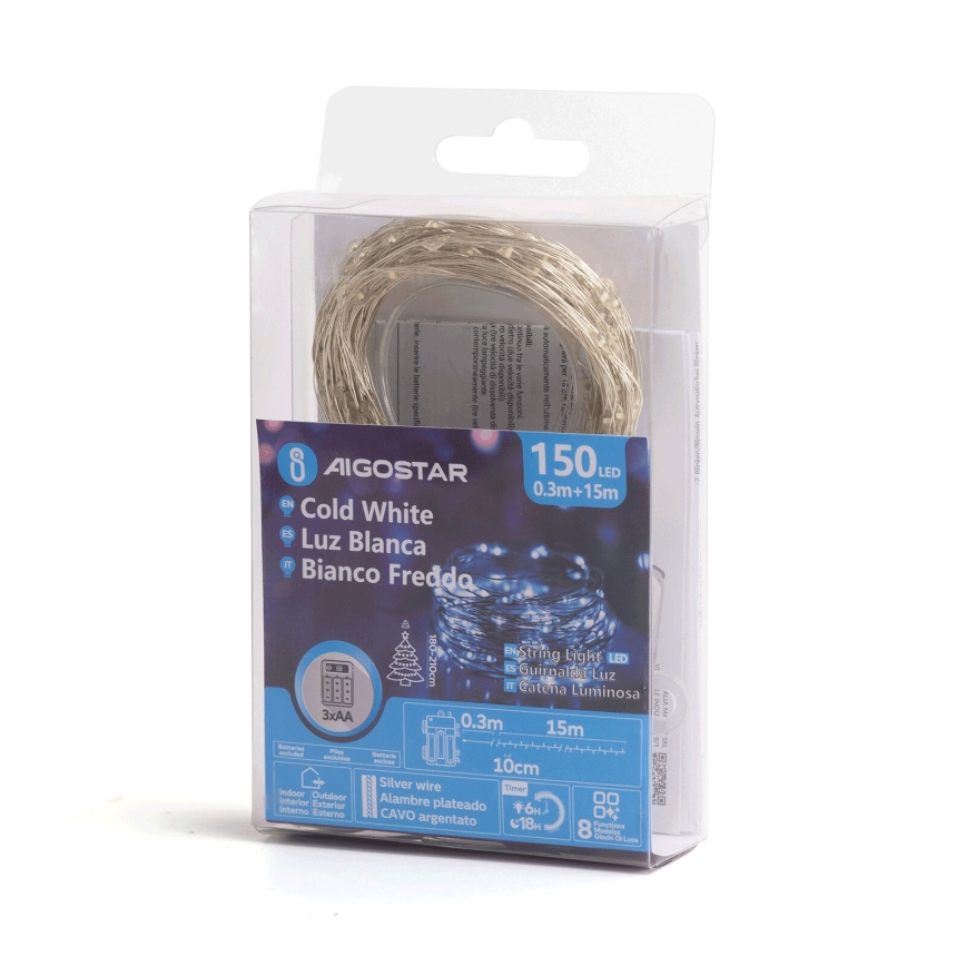 Aigostar - Guirlande LED extérieure 150xLED/8 fonctions/3xAA 15,3m IP44 blanc froid