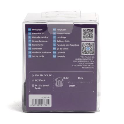 Aigostar - Guirlande LED d'extérieur 150 LED / 8 fonctions / 3xAA / 15,3 m / IP44 / multicolore