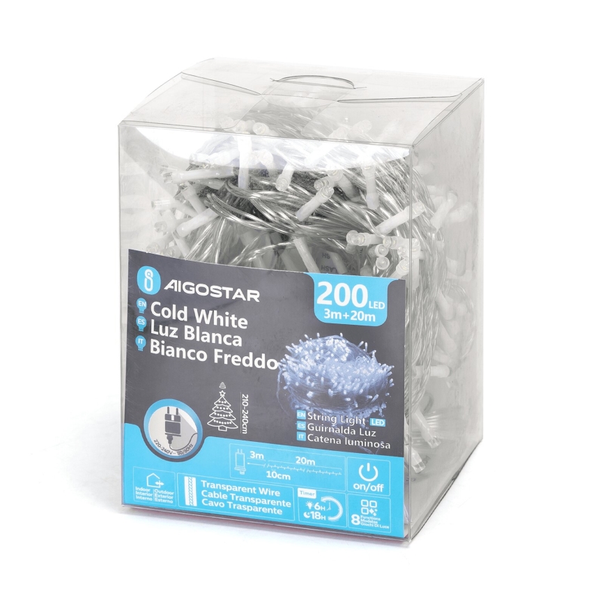 Aigostar - Guirlande LED d'extérieur 200 LED/8 fonctions 23 m IP44 blanc froid