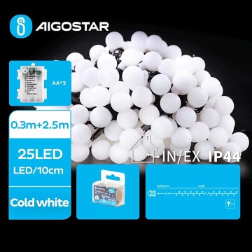 Aigostar - Guirlande LED d'extérieur 25xLED/3xAA/8 fonctions 2,8 m IP44 blanc froid