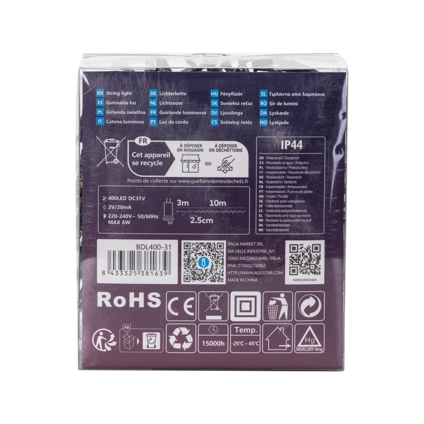 Aigostar - Guirlande LED d'extérieur 400 LED/8 fonctions 13 m IP44 blanc froid