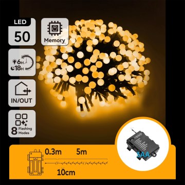 Aigostar - Guirlande LED d'extérieur 50 LED / 8 fonctions, 3x AA, 5,3 m, IP44, blanc chaud