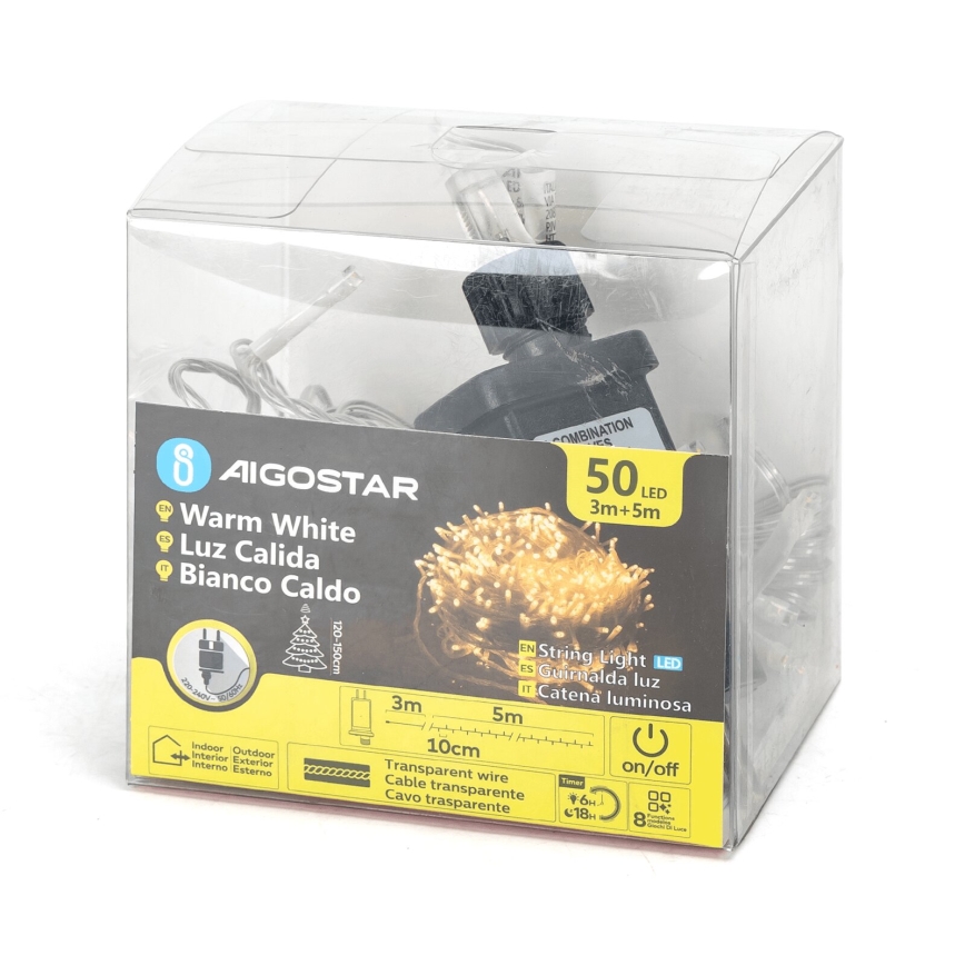 Aigostar - Guirlande LED d'extérieur 50 LED, 8 fonctions, 8 m, IP44, blanc chaud