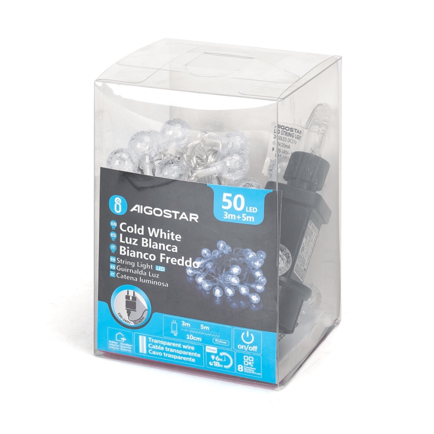 Aigostar - Guirlande LED d'extérieur 50 LED, 8 fonctions, 8 m, IP44, blanc froid