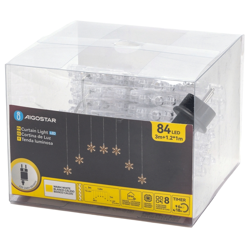 Aigostar - Guirlande lumineuse LED d'extérieur 84 LED/8 fonctions 1,2x1m IP44 blanc chaud à motifs flocon