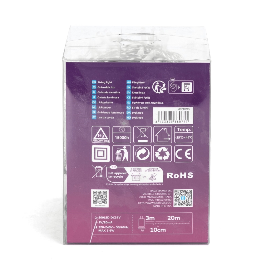 Aigostar - Guirlande LED d'extérieur de Noël, 200 LED, 8 fonctions, 23 m, IP44, blanc froid