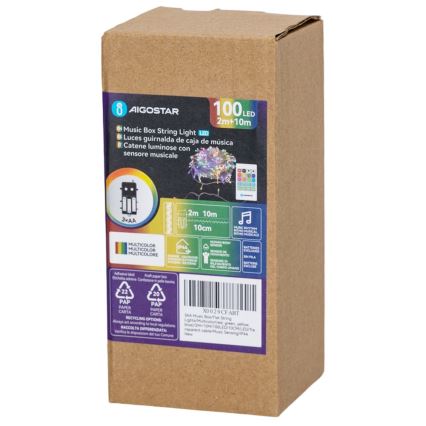 Aigostar - Guirlande LED de Noël pour extérieur à intensité réglable avec capteur de mouvement 100xLED/3xAA 12m multicolore + télécommande