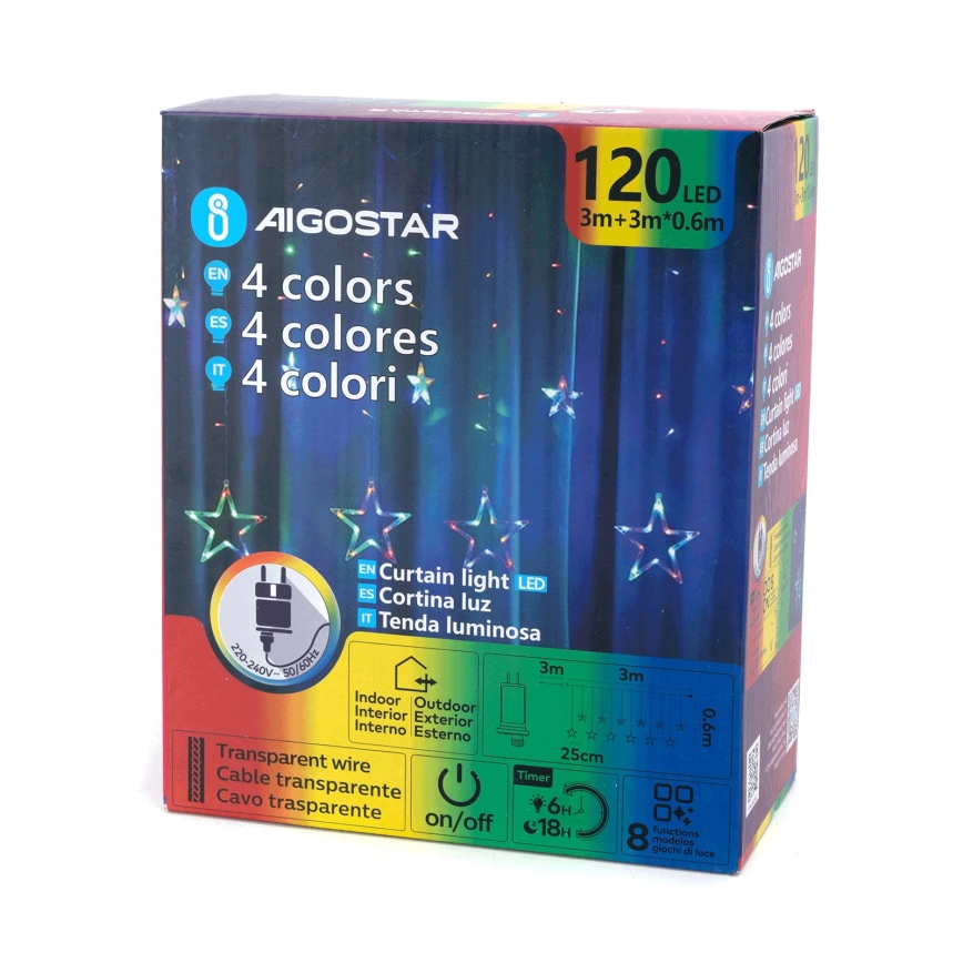 Aigostar - Guirlande de Noël LED extérieure 120 LED / 8 fonctions 6 x 0,6 m IP44 multicolore + télécommande
