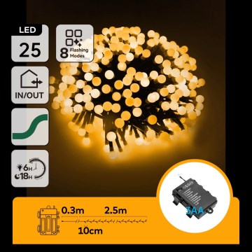 Aigostar - Guirlande LED d'extérieur pour Noël, 25 LED, 8 modes, 3 piles AA, 2,8 m, IP44, blanc chaud