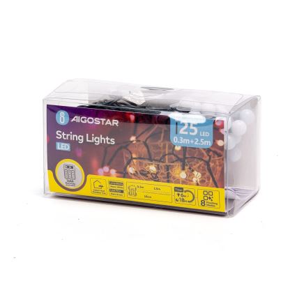 Aigostar - Guirlande LED d'extérieur pour Noël, 25 LED, 8 modes, 3 piles AA, 2,8 m, IP44, blanc chaud