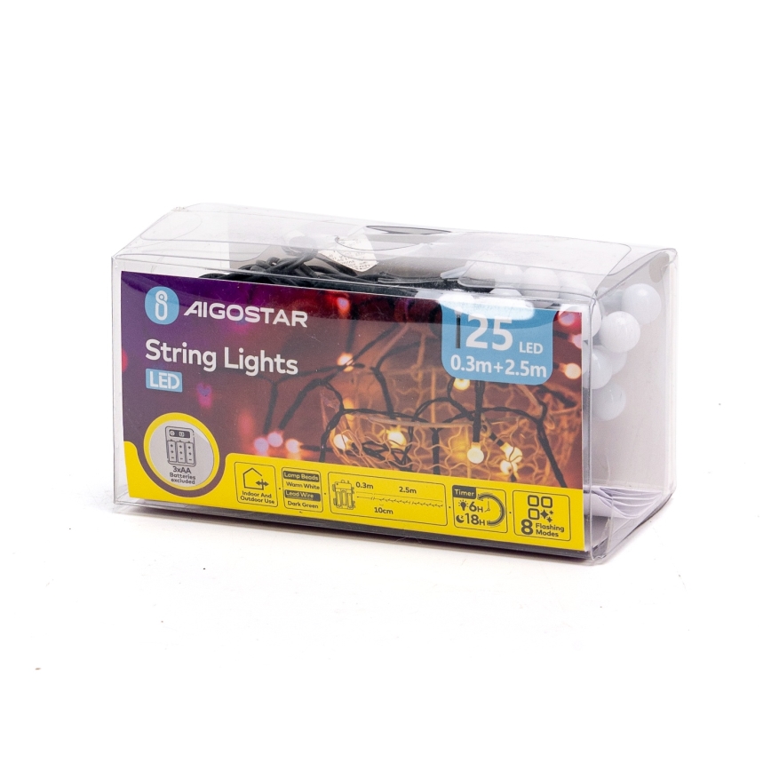 Aigostar - Guirlande LED d'extérieur pour Noël, 25 LED, 8 modes, 3 piles AA, 2,8 m, IP44, blanc chaud