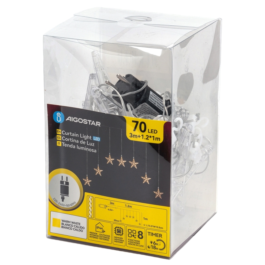 Aigostar - Guirlande de Noël LED extérieure 70 LED 1,2 x 1 m IP44, blanc chaud, motif étoiles