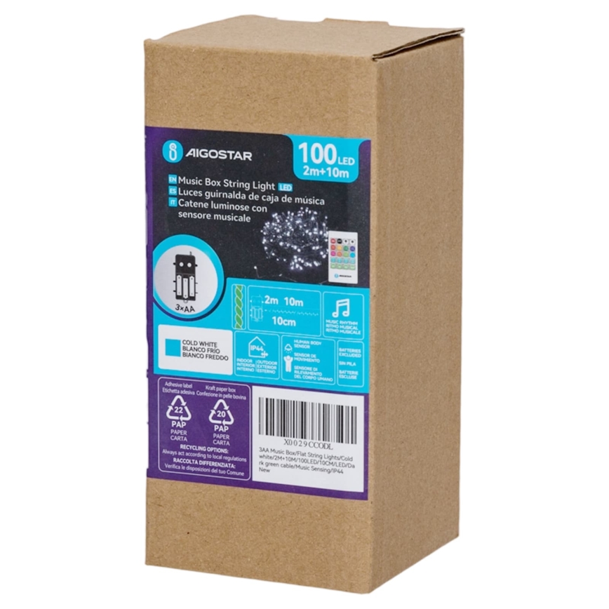 Aigostar - Guirlande de Noël LED dimmable d'extérieur avec détecteur de mouvement 100xLED/3xAA 12m blanc chaud + télécommande
