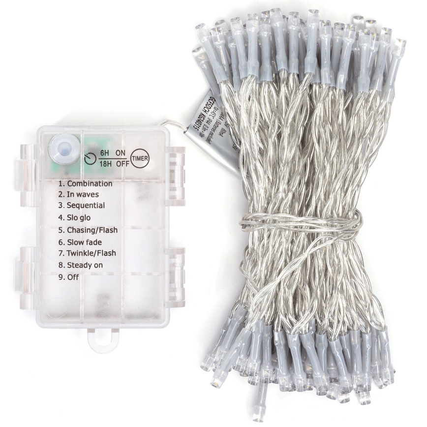 Aigostar - Guirlande lumineuse LED d'extérieur 100 LED/8 fonctions/3 piles AA 10,3 m IP44 blanc froid