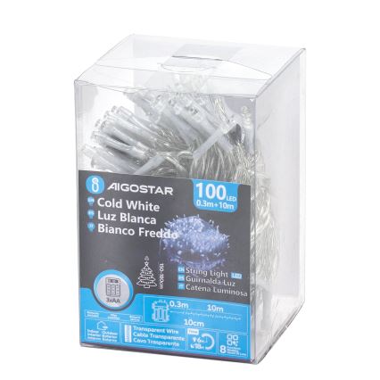 Aigostar - Guirlande lumineuse LED d'extérieur 100 LED/8 fonctions/3 piles AA 10,3 m IP44 blanc froid