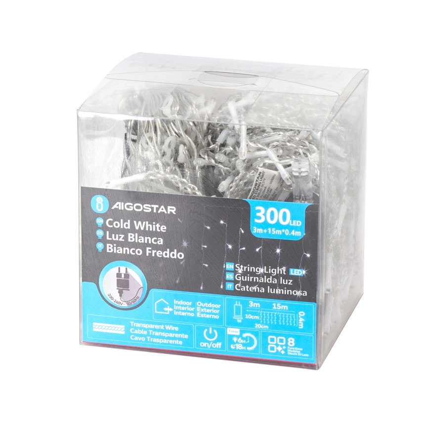 Aigostar - Guirlande lumineuse LED extérieure 300xLED/8 fonctions 15x0,4 m IP44 blanc froid