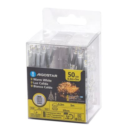 Aigostar - Guirlande LED extérieure 50xLED/8 fonctions 3xAA 5,3m IP44 blanc chaud