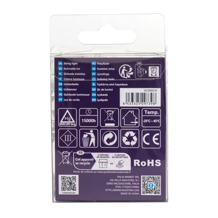 Aigostar - Guirlande LED extérieure 50xLED/8 fonctions 3xAA 5,3m IP44 blanc chaud