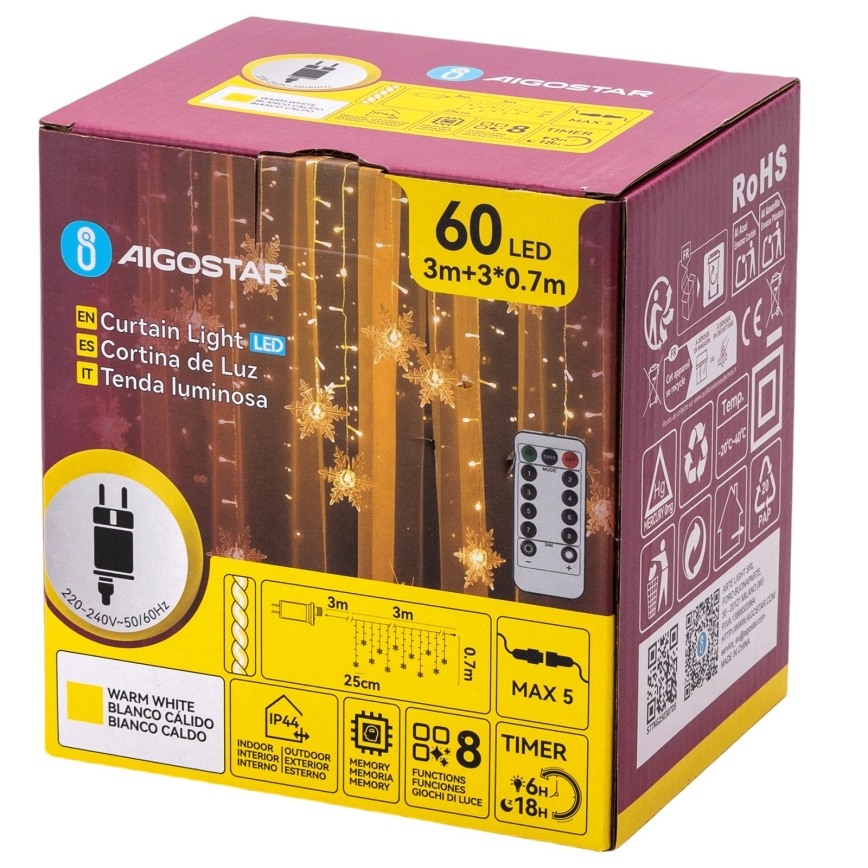 Aigostar - Guirlande de Noël LED extérieure 120xLED/8 fonctions 3x0,7m IP44 blanc chaud + télécommande