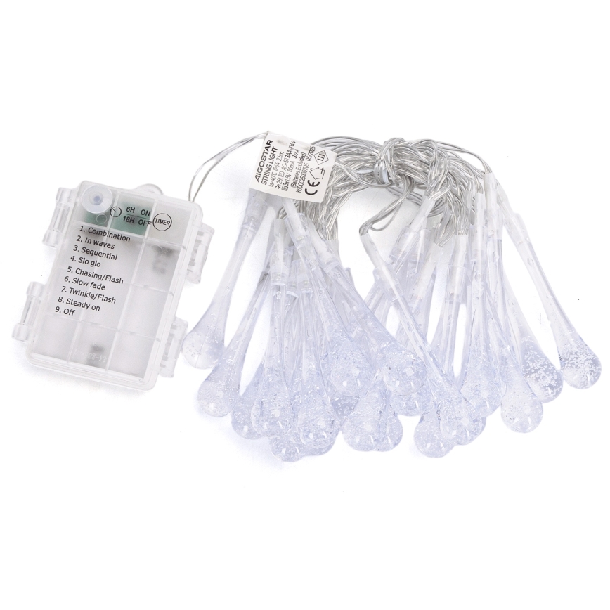 Aigostar - Guirlande LED extérieure 25xLED/8 fonctions 3xAA 2,5m IP44 gouttes multicolores