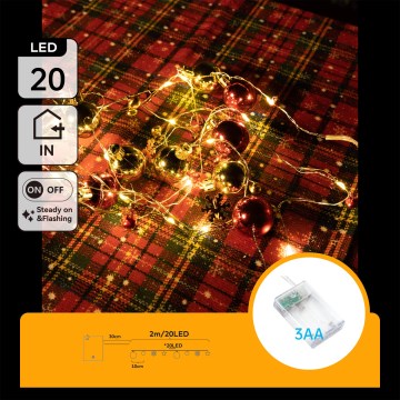 Aigostar - Guirlande lumineuse 20 LED, 2 m, alimentée par 3xAA, blanc chaud