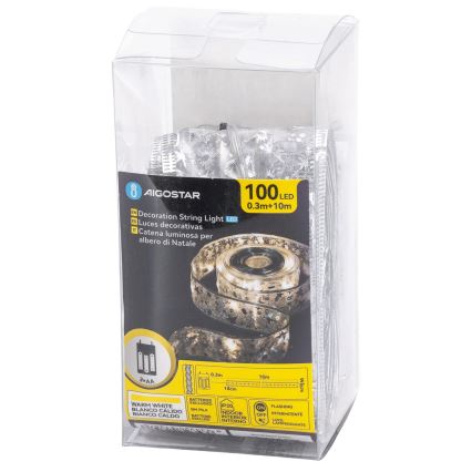 Aigostar - Guirlande de Noël LED 100 LED / 3xAA, 10 m, blanc chaud, argentée