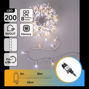 Aigostar - Guirlande lumineuse de Noël d'extérieur 200 LED/8 fonctions 23m IP44 blanc chaud/blanc froid