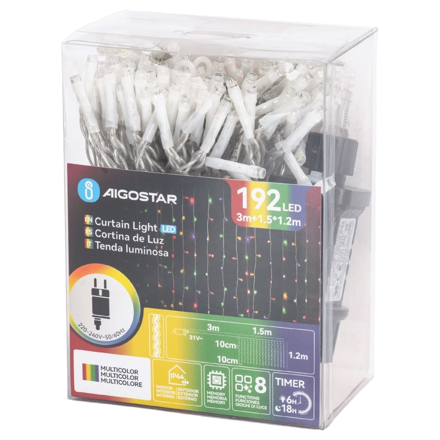 Aigostar - Guirlande lumineuse de Noël extérieure 192 LED/8 fonctions 4,5 x 1,2 m IP44 multicolore