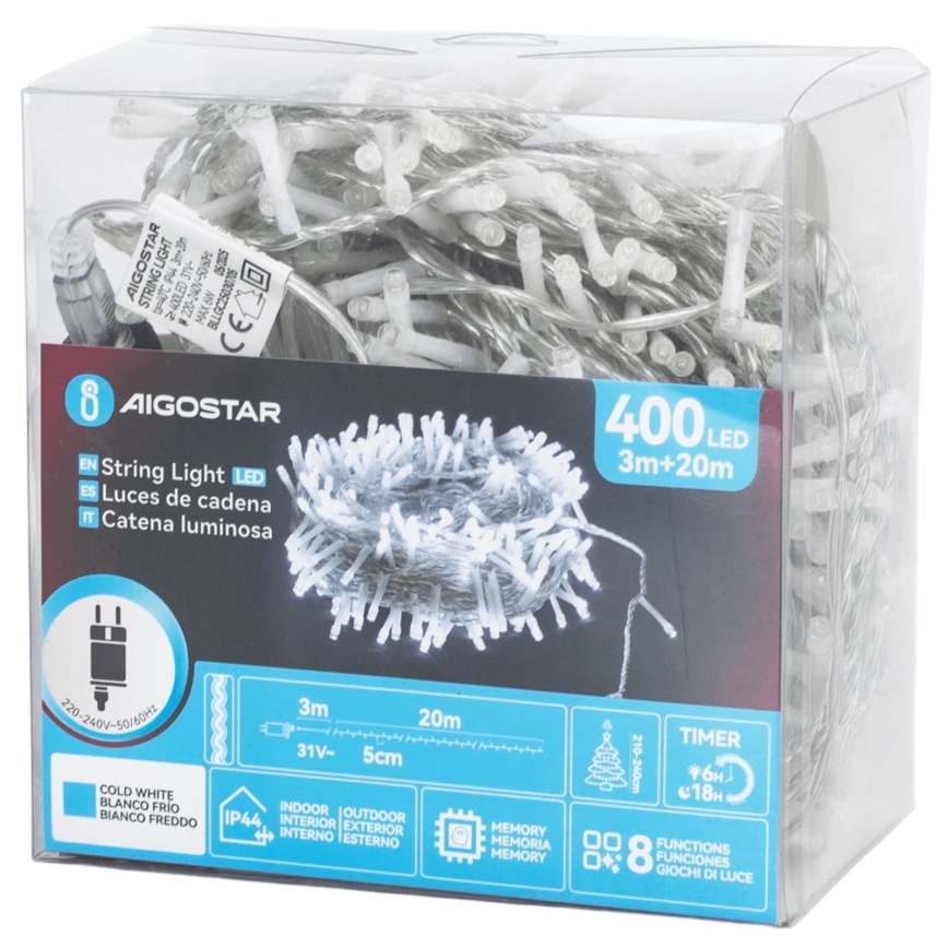 Aigostar - Guirlande lumineuse de Noël extérieure LED 400xLED/8 fonctions 23m IP44 blanc froid