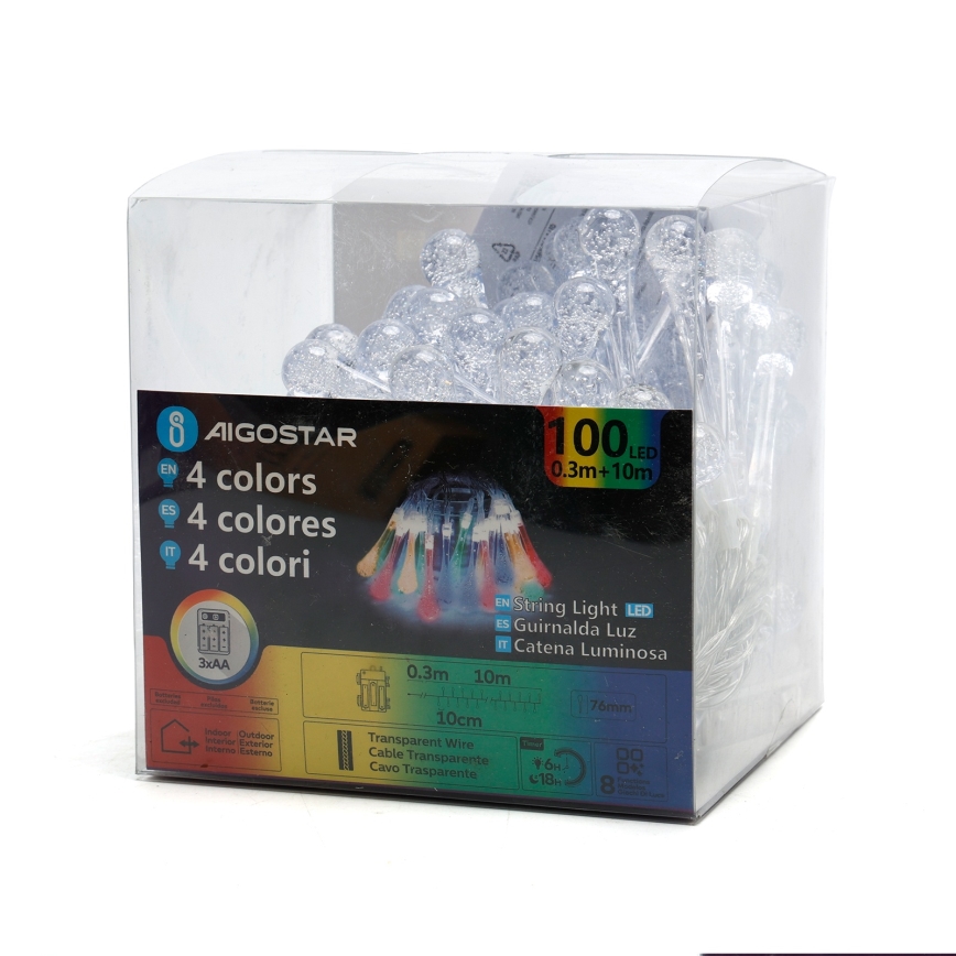 Aigostar - Guirlande de Noël LED extérieure, 100 LED, 8 modes, 3x AA, 10 m, IP44, gouttes multicolores