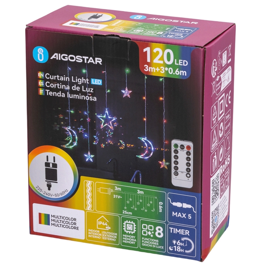 Aigostar - Guirlande lumineuse d'extérieur LED RGBY, 120 LED, 8 modes, 3×0,6 m, IP44, multicolore + télécommande