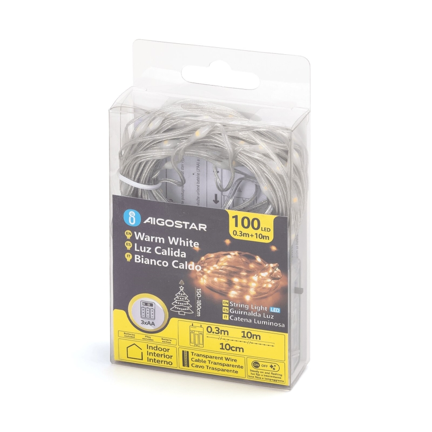Aigostar - Guirlande lumineuse de Noël LED 100xLED/3xAA 10,3m blanc chaud