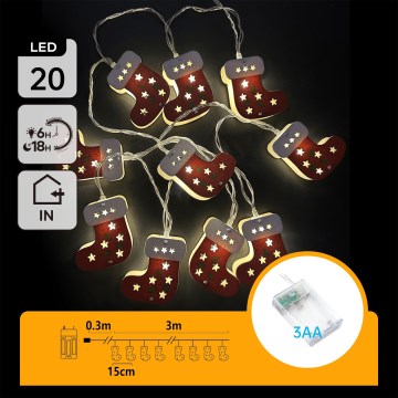 Aigostar - Guirlande lumineuse de Noël LED 20xLED/3xAA, 3 m, blanc chaud, avec chaussettes
