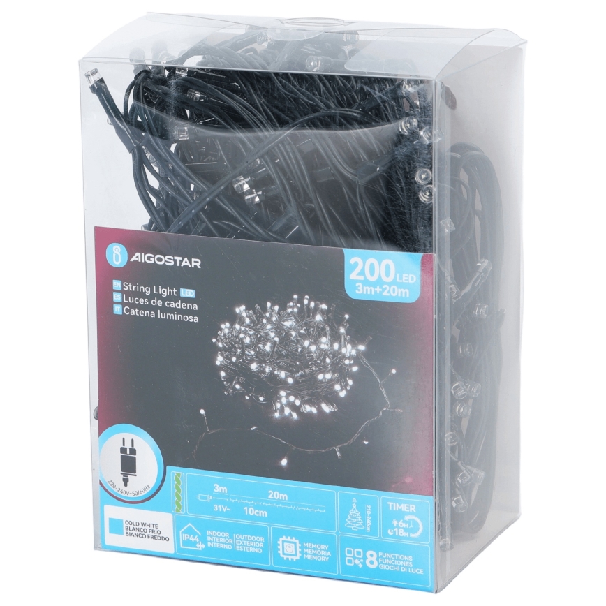 Aigostar - Guirlande lumineuse de Noël extérieure 200 LED, 8 fonctions, 20 m, IP44, blanc froid