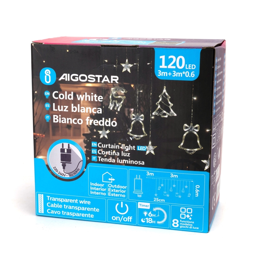 Aigostar - Guirlande LED de Noël d'extérieur 120xLED/8 fonctions 3x0,6m IP44 blanc froid + télécommande