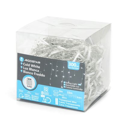 Aigostar - Guirlande de Noël LED d'extérieur 300 LED, 8 fonctions, 3xAA, 18 x 0,6 m, IP44, blanc froid