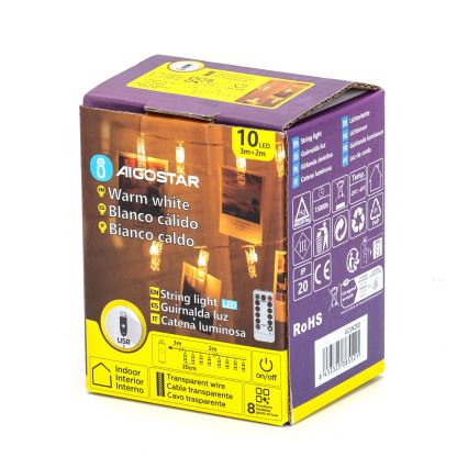 Aigostar - Guirlande lumineuse décorative LED 10xLED/5W/USB, 5 m, blanc chaud