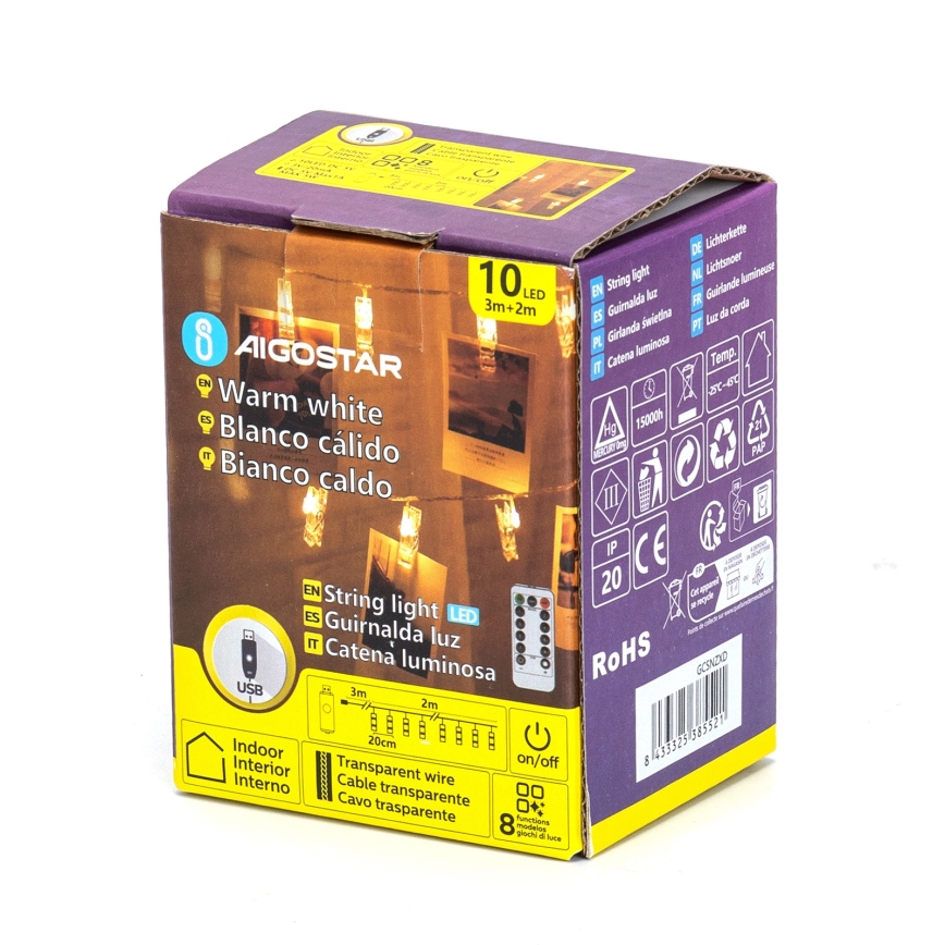 Aigostar - Guirlande lumineuse décorative LED 10xLED/5W/USB, 5 m, blanc chaud